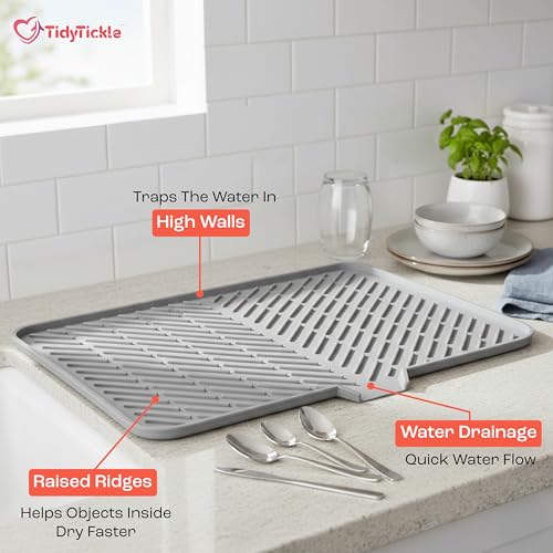 Image of Silicone Dish Drying Mat for Kitchen, Drying Mat for Kitchen Utensils Large 40x30cm with Built-in Drain Lip, BPA-Free Heat Resistant Dish Drying Mat for Countertop & Sink Area (Grey)