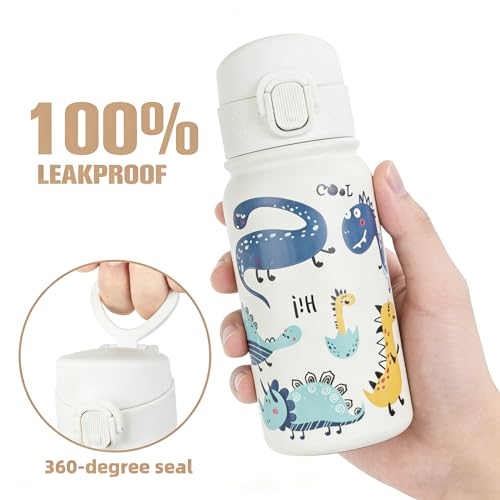Image of GOPPUS Kids 12oz Insulated Stainless Steel Water Bottle, Leakproof Vacuum Tumbler with Carry Handle, Fits Cup Holders, Reusable Water Bottle for School Outdoor, Boys & Girls（White Dinosaur）