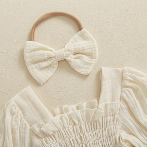 Smocked Baby Girl Clothes Newborn Bubble Romper Solid Linen Long Sleeve Onesie and Headband Cute Photography Outfits3