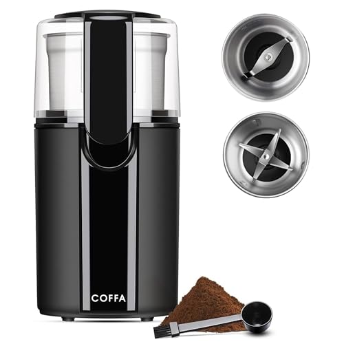 Electric Coffee & Spice Grinder – 200W, 70g Capacity, 2 Stainless Steel Bowls for Wet & Dry Grinding, Includes 2-in-1 Scoop & Brush, One-Touch Compact Design COFFA®