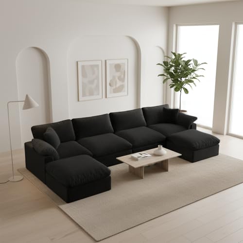 Image of Modern Modular Sectional Sofa U-Shaped 6-Seat with Ottoman,Black-Extra Comfty Deep Seat Couch for Living Room,Apartment,Office & Small Spaces