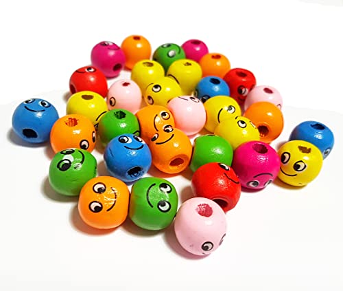 Perlin Wooden Beads, 14 mm, Happy Face Threading Beads, Smile, Wooden Beads, Jewellery Beads for Crafts Threading, 3 mm Hole - Image 2