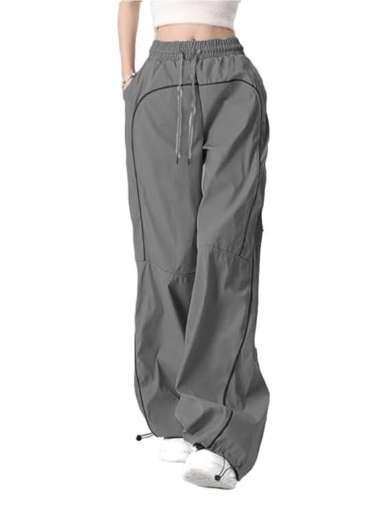 Women's Parachute Trousers, Black, Drawstring Elastic Waist, Wide Leg Style with Contrast Piping-picture-29