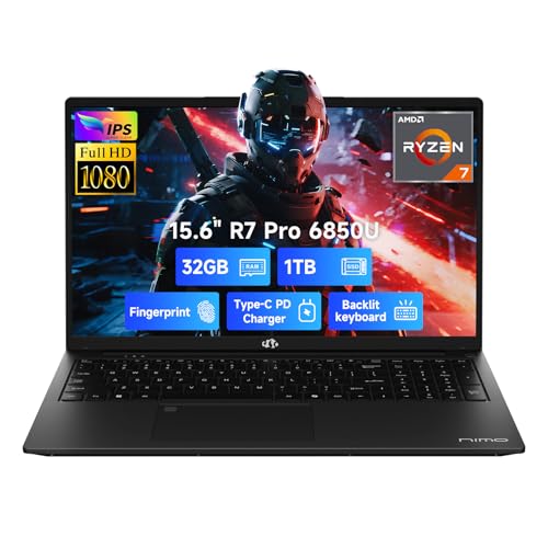 NIMO 15.6' Light-Gaming-Laptop, 8 Cores AMD Ryzen 7 Pro 6850U 32GB LPDDR5 RAM 1TB SSD (Beat i7-1360P Up to 4.7GHz) AMD Radeon 680M GPU IPS FHD Computer with 100W Type-C Backlit Keyboard Fingerprint