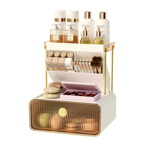 FOLLOWIN 3 Tiers Makeup Organizer with Drawer,Cosmetic Display with Lipsticks