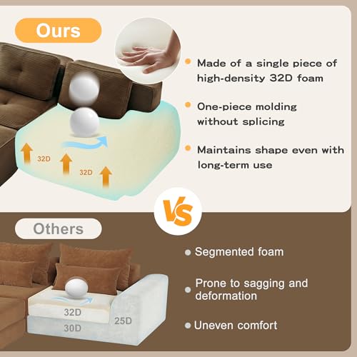 Image of 116.1 inch Modular Sectional Boneless Sofa with 5-Seater, V-Shaped Corner Deep Seat Sofa for Living Room, Big Comfy Cloud Couch with 2 Movable Ottomans, Corduroy Fabric, No Assembly, Brown