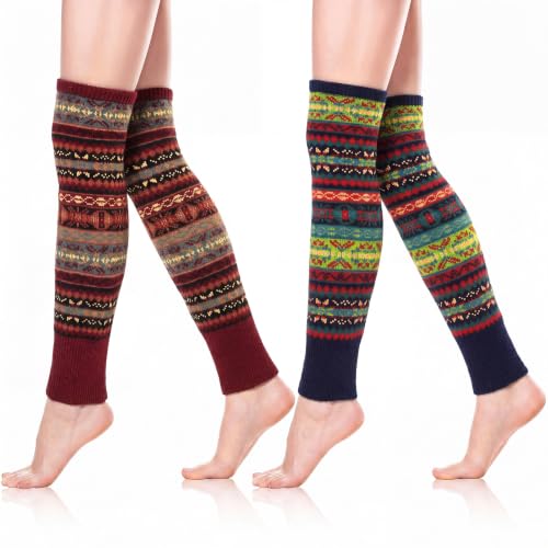 Image of SATINIOR 2 Pairs Bohemian Leg Warmers for Women Wool Blend Knit Knee High Boot Cuffs Long Winter Warm Thermal Socks(Navy Blue,Burgundy)