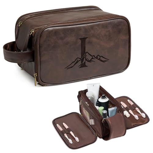Travel Toiletry Bag For Mens PU Leather Engraved Initials (Dark Brown I)