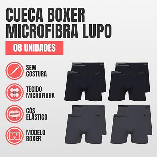 Lupo Kit 8 Cueca Boxer Microfibra Sem Costura Antimicrobiana Masculina, 4 Grafite - 4 Preto, P