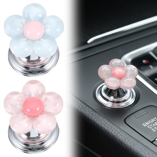 Nogeqi 2Pcs Push to Start Button Cover for Women, Car Start Button Cover Cute Flower Car Buttons Covers Vehicle Pink Decor for Truck SUV Sedan (Transparent Pink)