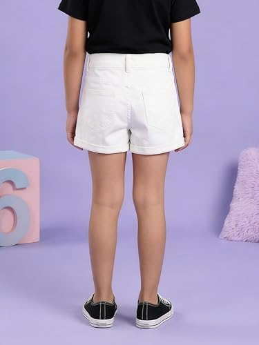 Image of KiddoPanti Girls Tight Length Rollup Denim Shorts with Lavender and Pink 3D Crochet Flowers