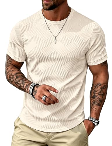 UOUA Men's Crewneck Sweatshirts Soild Color Geometric Texture T Shirts Short Sleeve Casual Pullover Shirt