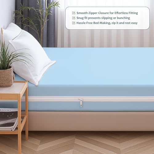 Image of Zipper Closure Style Mattress Protector Single Size 100% Waterproof Six-Sided Mattress Encasement for Bed 48x75 Inch Fit On 6 Inch 4X6.3 Feet Light Blue