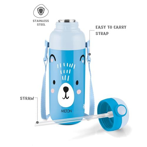 Image of Milton Steel Indus 400 Thermoware PU Insulated, 390 ml Water Bottle with Straw for Kids, Leak Proof Flip Top Sipper Lid Bottle, School, Picnic, Easy to Carry Belt, Blue