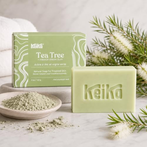 Image of Keika Tea Tree Soap Bar with French Green Clay for Eczema, Psoriasis, Face, Body, Men Women Teens with Oily Skin, 5 oz.