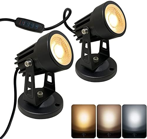 xinyesor 2 Pack LED Spot Lights Indoor for Plants, 3 Color Accent Lighting Dimmable Uplights Spotlight Lamp with Dimmer Switch, 3W Floor Uplighting 10FT Cord & Standard US 2-Plug (Base&Stake Included)