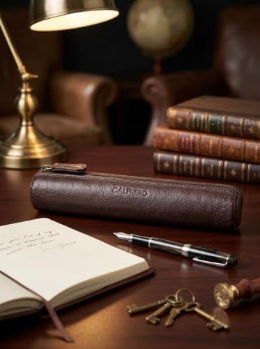 Image of Calfnero Genuine Leather Pen-Case for Men & Women | Premium Brown Leather Pencil-Pouch with Zipper | Cylindrical Pen-Holder Organizer for Pen, Pencils & Stationery | Unisex Pen-Sleeve