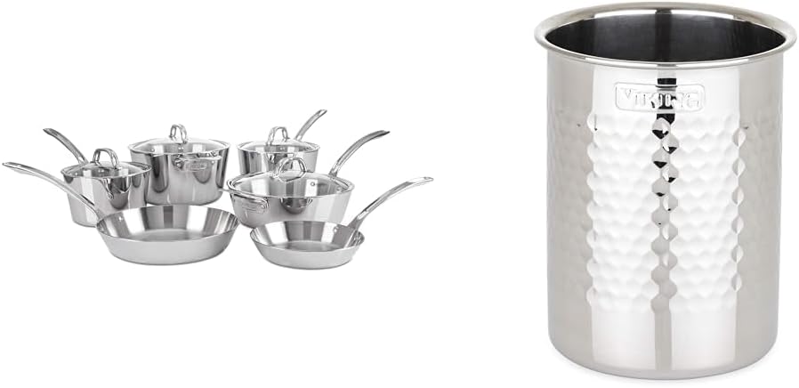 Viking Culinary Contemporary 3-Ply Stainless Steel Cookware Set, 10 Piece, Dishwasher, Oven Safe & Culinary Hammered Stainless Steel Utensil Holder, Dishwasher Safe,Silver 6.75" x 4.75"