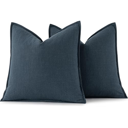 Image of MIULEE Decorative Linen Pillow Covers 18x18 Inch Deep Blue Boho Farmhouse Neutral Couch Throw Pillows for Bed Pack of 2 Accent Coastal Modern Pillowcase Summer Sofa Livingroom Home Decor