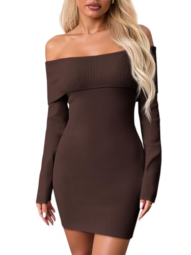 Wenrine Womens Off The Shoulder Sweater Dress Casual Ribbed Knit Long Sleeve Bodycon 2025 Fall Party Mini Dresses Coffee
