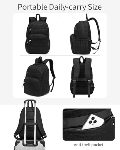 Image of Women Back Pack for Work, 17.3in Laptop Backpack for College Teen Girls Quilted Computer Bag for Nurse Casual Daypack Travel, Black