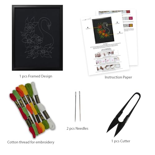 Image of picknMAKE Hand Cross Stitch Embroidery Kits for Beginners Adults with Cloth Fabric, Framed Pattern of Flamingo on Black Fabric to do Embroidery with Instruction and All Material Included