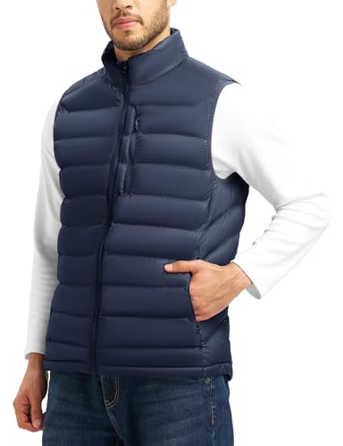 TBMPOY Mens Lightweight Puffer Vest Outerwear Puffy Winter Warm Zipper Outdoor Sleeveless Jacket for Running Travel Navy XL