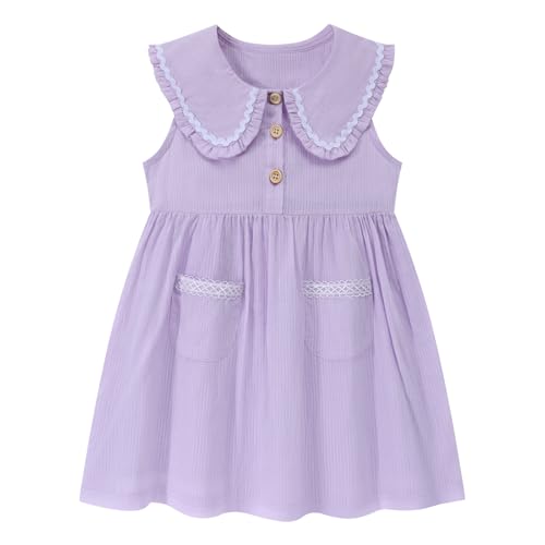 Image of HILEELANG Girls Cotton Dress Sleeveless Peter Pan Collar with Pockets | Soft Cotton, Functional Buttons, Front Pockets, Peter Pan Collar, Ric Rac Trim for Toddler & Little Girls