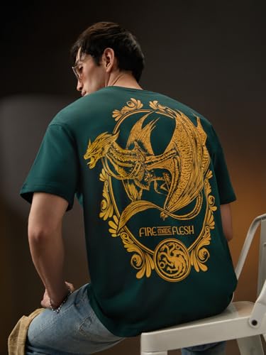 Image of The Souled Store Official House of Dragon: Fire Made Flesh Men and Boys Short Sleeves Round Neck Green Graphic Printed Cotton Oversized T-Shirts