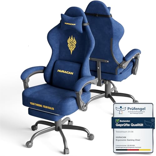 Huracan Chaise Gaming Ergonomique, Fauteuil Gamer avec Repose-Pieds Télescopique Coussin à Ressorts, Support Lombaire, Tissu Velours Respirant pour Les Longues Sessions de Gaming et de Travail, Bleu