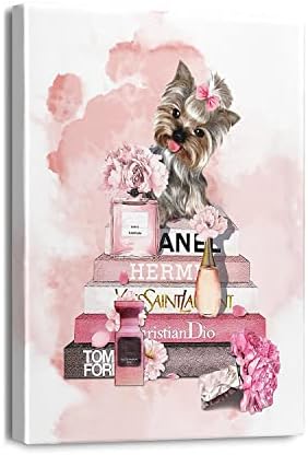 Jump Funeel Fashion Women Wall Art Collection Book Dog Pink Wall Art Print Pink Flowers Painting Canvas Vogue Perfume Poster with Framed Ready To Hang for Girls Gift Bedroom Dressing Room 12x16INCH