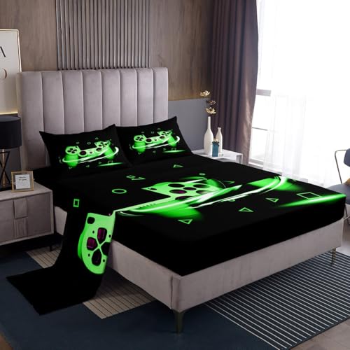 Gamer - Juego de sábanas bajeras para niños, niñas, adolescentes, juegos de videojuegos, juego de video, juego de cama, funda de cama con botones de acción y 1 sábana bajera, 1 funda de almohada