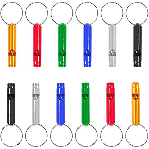 Set of 12 Extra Loud Whistles for Camping Hiking Hunting Outdoors Sports and Emergency Situations, Sturdy but Light Aluminium Key Chain Signals Cover