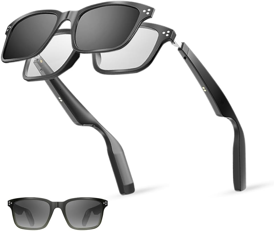 UouNeaCo Lunettes Intelligentes Avec Haut-parleur Bluetooth, Lunettes De Soleil Polarisées Magnétiques Avec Contrôle Tactile Protection UV, Audio HD, Télécommande Photo, Anti-Lumière Bleue (Noir