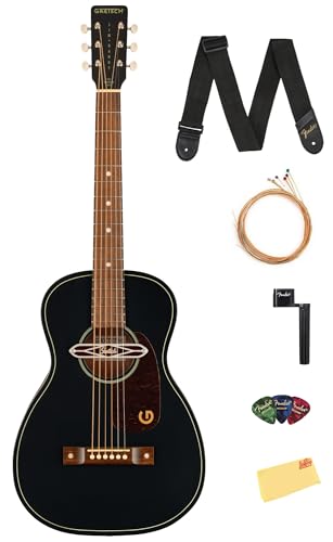 Gretsch Jim Dandy Deltoluxe Parlor Short Scale Acoustic-Electric Guitar - Black Top Bundle with Strings, Strap, Picks, String Winder, and Austin Bazaar Polishing Cloth
