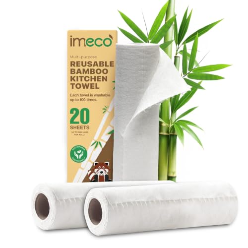 Image of IMECO Reusable Bamboo Kitchen Towel Roll | 6000 Times Washable | Soft & Highly Absorbent | Better Alternative to Dishcloth | 100GSM Paper Towel | Eco Bamboo Wipes for Kitchen Cleaning | 60 Sheets