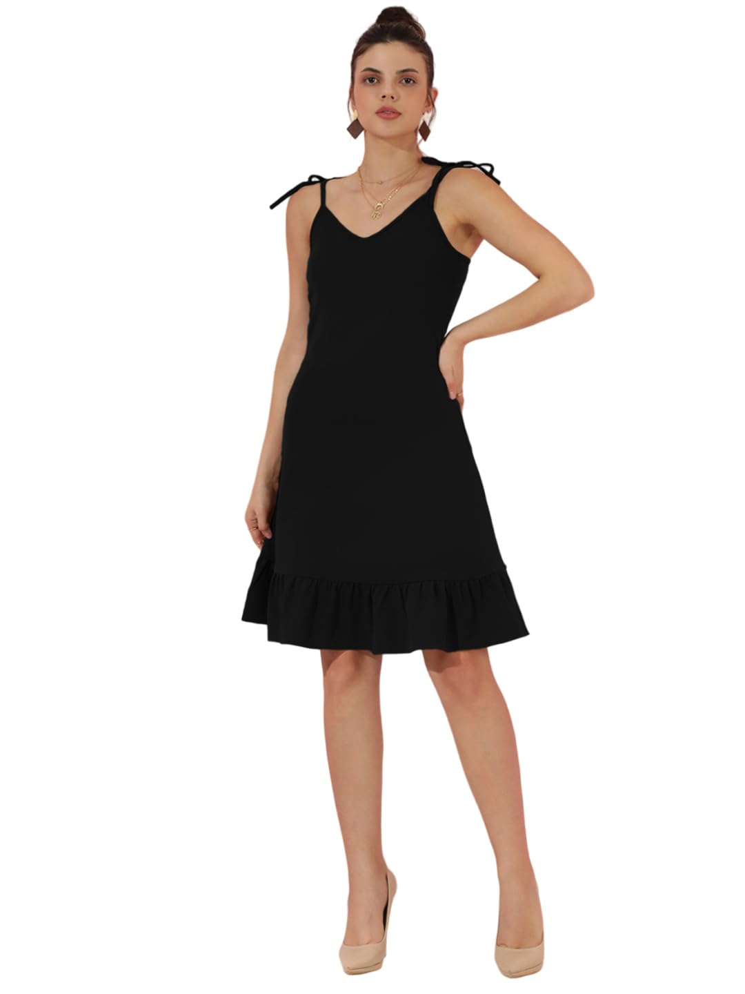 KOTTY Women's Shoulder Straps A-Line Dress(Black,L)