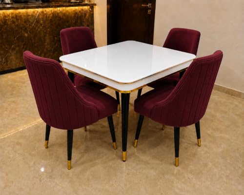 Image of WOODEN SPACE 4 Seater Wooden Dining Table Set | Urban Marble Top Dining Table with Chairs for Dining Room & Kitchen (Modern Infinity Backline Maroon) (42 x 42 x 30 inch)