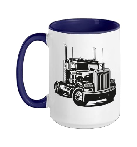Semi Truck Driver Ceramic Mug, Dark Blue/White, 15oz