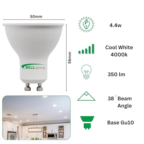 Bell Lighting GU10 LED Bulbs – 350 lm Cool White 4000K – 4.4 Watts Beam Angle 38° Spotlight Bulb – 220-240 Volts Non-Dimmable Energy Saving LED Bulb – Pack of 5
