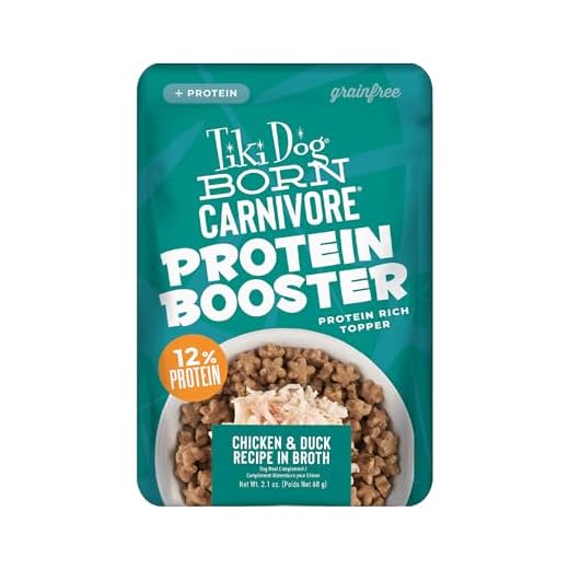 Tiki Dog Born Carnivore Protein Booster Dog Food Topper, Chicken and Duck Recipe in Broth, 2.1 oz. Pouch (12 Count)