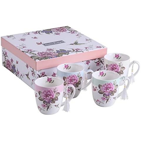 London Boutique Tea Coffee Cup Mug Set 4 Ceramic Porcelain Bird Rose Butterfly Shabby Chic design in Gift Box 330ML 11oz Cover
