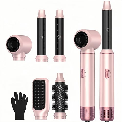 Cepillo Secador de Pelo Ionico 5 en 1 Hairstyler Airstyler Moldeador Cepillo de Aire Caliente Peine Secador de Pelo con Aire Auto Cilindros Rizadores Voluminizador Cepillo Redondo Alisador, Rosa