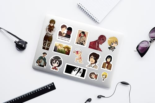 Image of LERITO Attack on Titan Sticker Pack, 55+ Pieces, Waterproof Vinyl Decals, Multicolour, for Laptop, Journal, Guitar, Mobile Phone