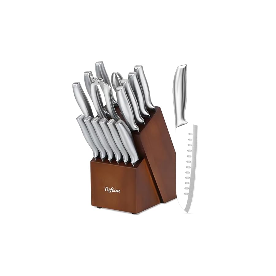 Knife Sets for Kitchen with Block, Bifixia 16 Pcs Knife Block Set with Built-in Sharpener, High Carbon Stainless Steel Knife Block Sets with Extra 6 Pcs Forks, Dishwasher Safe, Anti-slip Handle