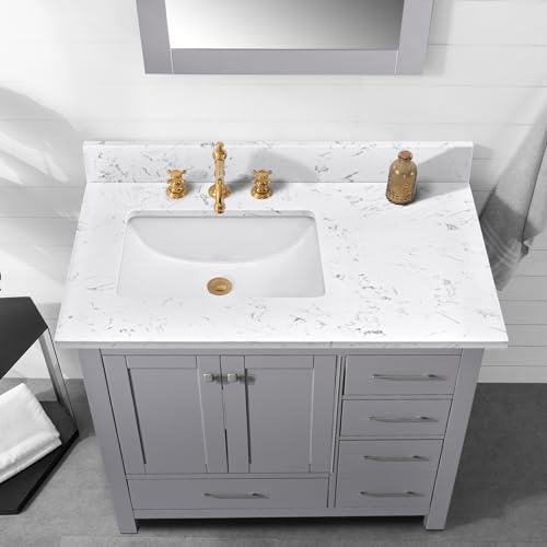 EQLOO 36\"x22\" Engineered Stone Bathroom Vanity Top with Rectangular Undermount Ceramic Left Offset Sink, 8 Inch Faucet Hole Spread with Backsplash Bathroom Vanity Sink Top (Cabinet Not Included)