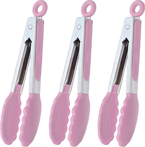 HINMAY 7-Inch Mini Tongs with Silicone Tips Small Serving Tongs Kitchen Tongs, Set of 3 (Red Blue Green)