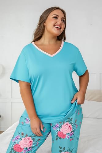 Image of Vozanet Women's Pajama Sets Short Sleeve with Long Pant Soft Sleepwear Printed pj Loungewear With TWO Pockets Size 1X to 5X