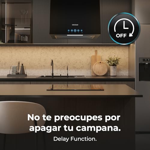 Cecotec Quadratische Insel-Dunstabzugshaube 38 cm Bolero Flux Ict 388000 Black A++. Schwarze Optik, Saugleistung 800 m³/h, 210-W-Motor, Elektronische Steuerung, Beleuchtung, Kohlefilter