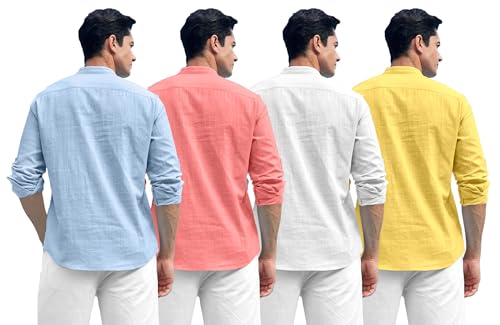 Image of Zombom Combo of Men's Solid Cotton Polyester Blend Full Sleeve Mandarin /Chinese Collor Straight Kurta Shirt (Pack of 4)